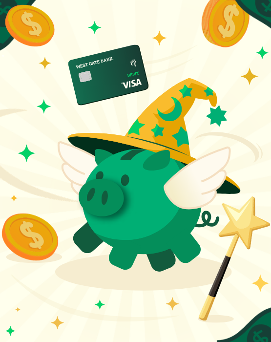 illustration of a wizard piggy bank and a debit card