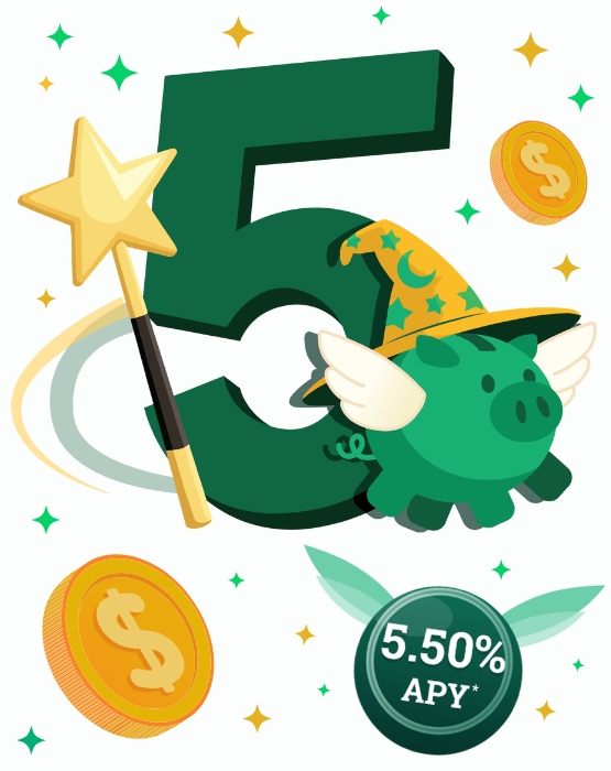 illustration of a wizard piggy bank and the number 5